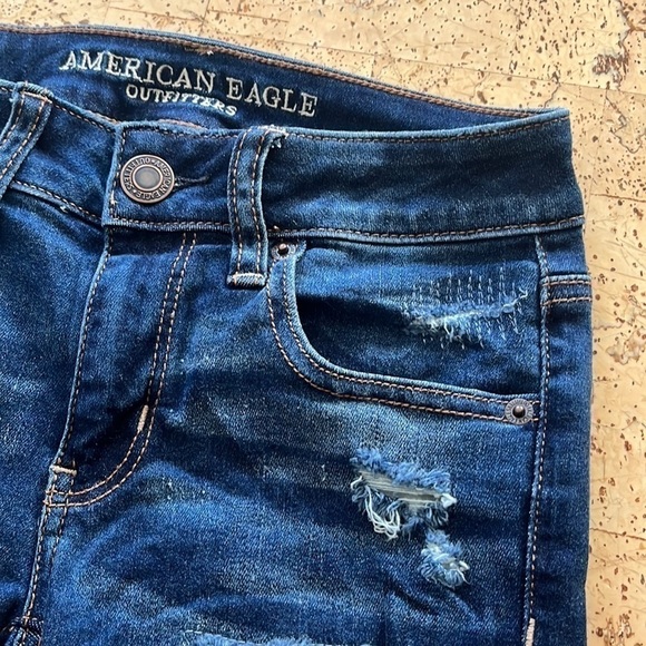 American Eagle Outfitters Next Level Stretch Blue Distressed Jean Midi Shorts - Picture 2 of 11